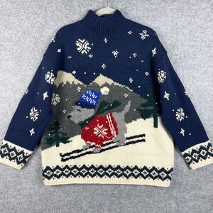 VTG Lauren Ralph Lauren Hand Knit Christmas Sweater Womens Large Scottie Dog Ski
